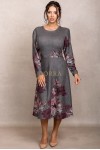 Rochie Andrada din tricot gri inchis cu imprimeu floral, maneca lunga si catarama in talie
